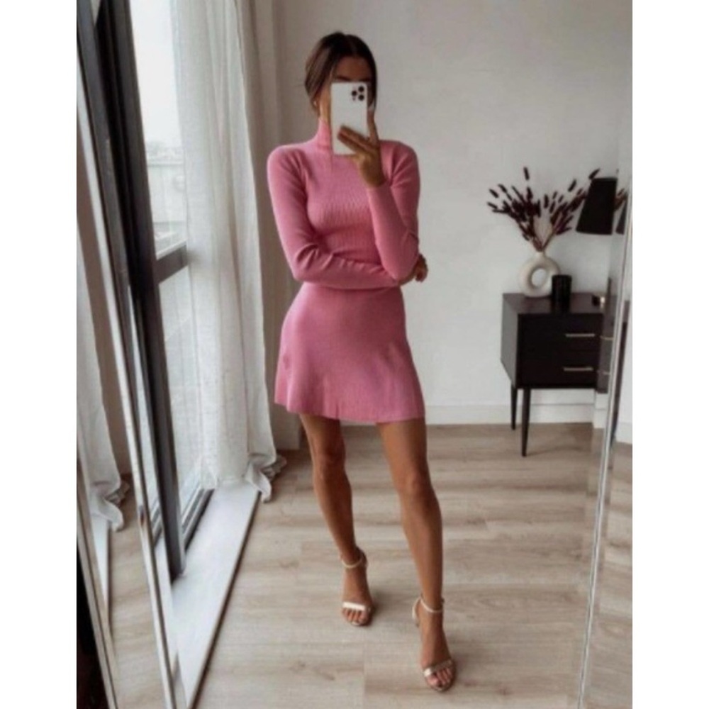 ZARA Blogger Favorite Pink Knit Long Sleeve Dress - Fall Outfit Staple (M)